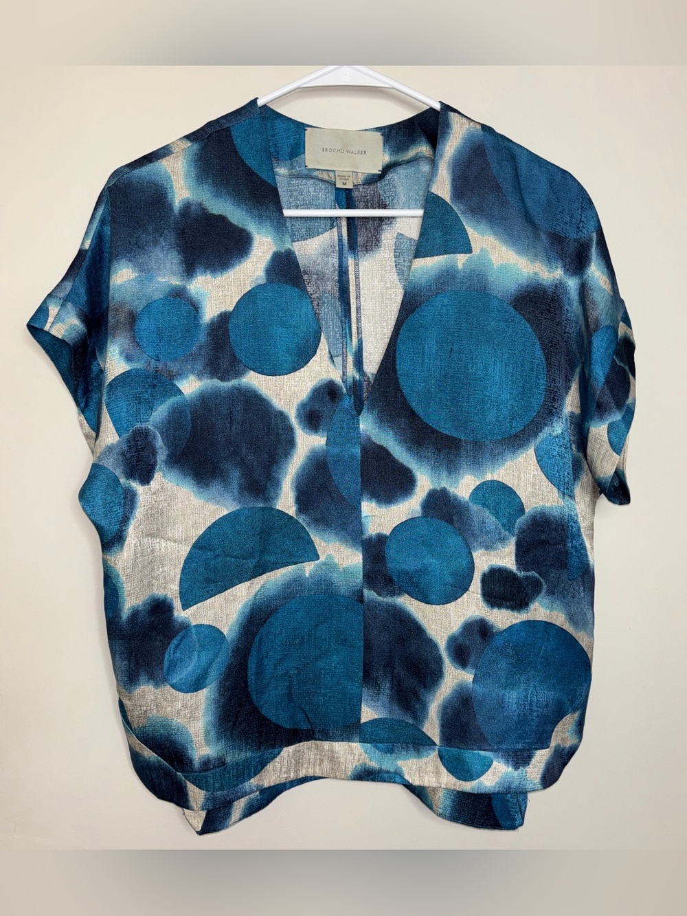 Brochu Walker 100% Silk Blue Teal Abstract Dot Print Short Sleeve Blouse Med